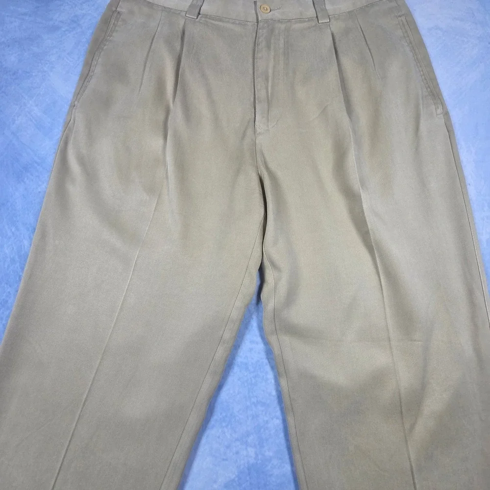 Tommy Bahama Relax Mens 35x30 Tan 100% Silk Pleated Dress Pants Khaki Trousers